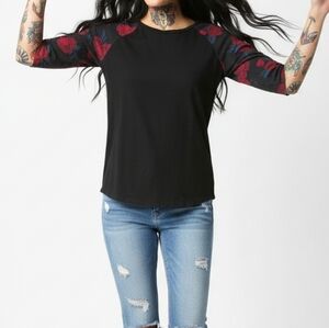 Vans |  Vintage Black 3/4 Tee with Red Roses M